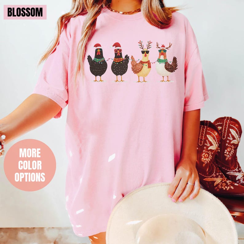 Сute Christmas Chickens Comfort Colors T-Shirt (S-M-L-XL)