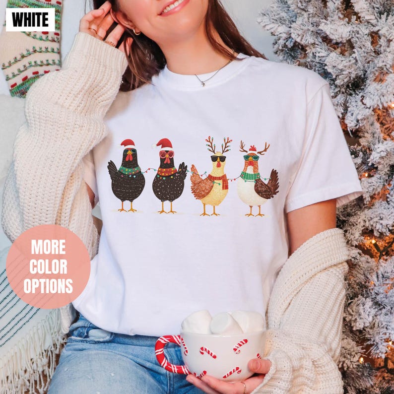 Сute Christmas Chickens Comfort Colors T-Shirt (S-M-L-XL)