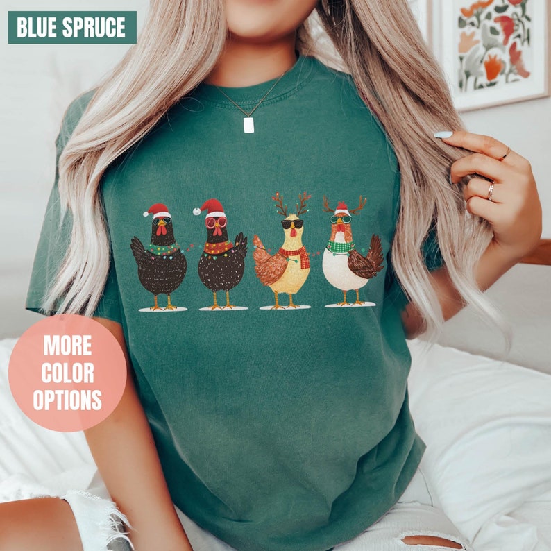 Сute Christmas Chickens Comfort Colors T-Shirt (S-M-L-XL)