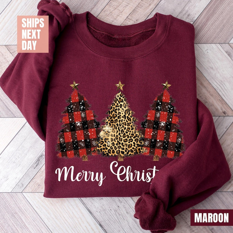 Retro Leopard Print Christmas Tree Sweatshirt (2XL-3XL)