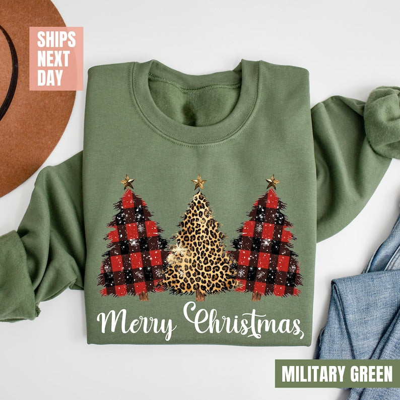 Retro Leopard Print Christmas Tree Sweatshirt (2XL-3XL)