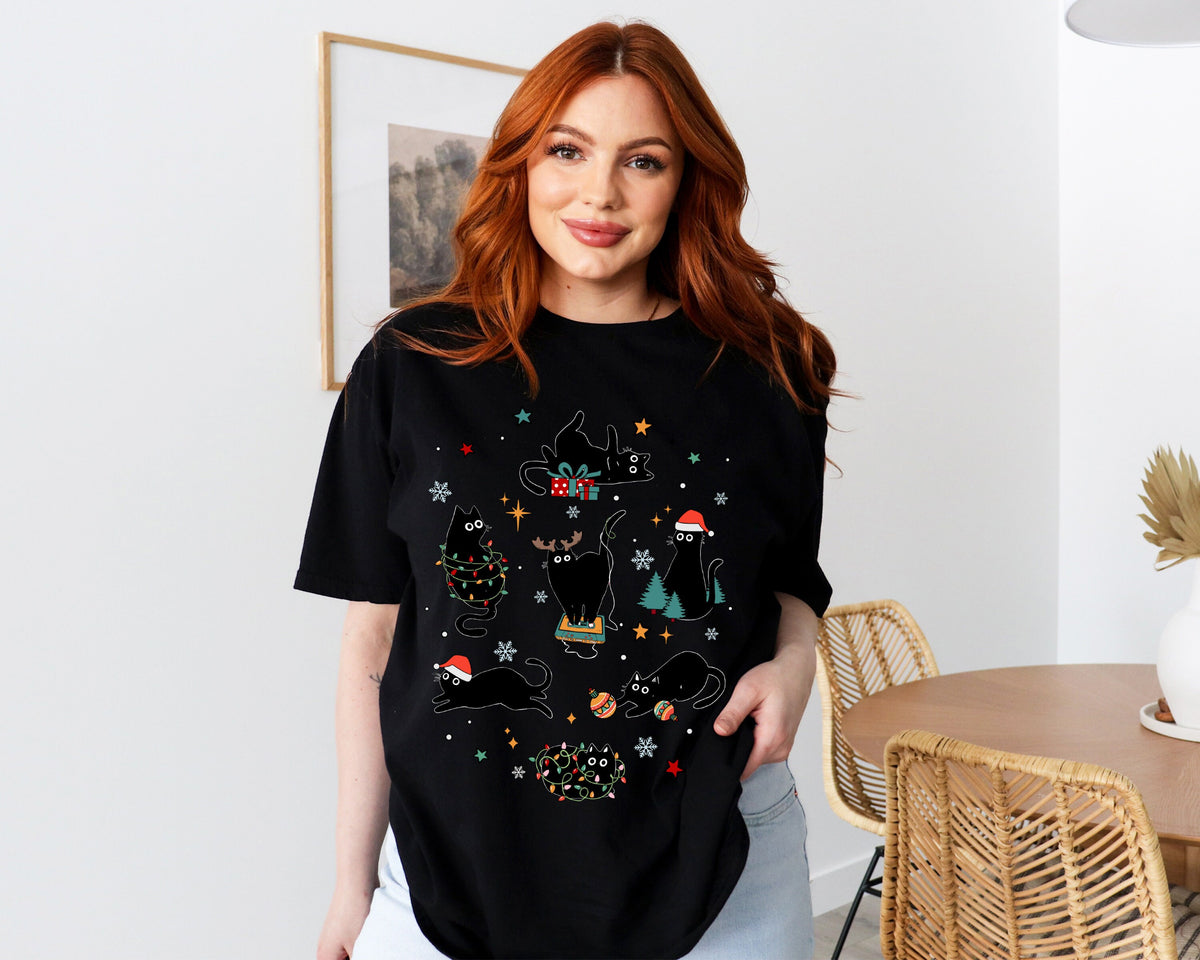 Christmas Black Cat T-Shirt, Kitten Christmas Shirt, Cat Lover Gift Tee, Cat Mom T-Shirt, Xmas Gift, Holiday Tee, Black Cat Christmas Shirt