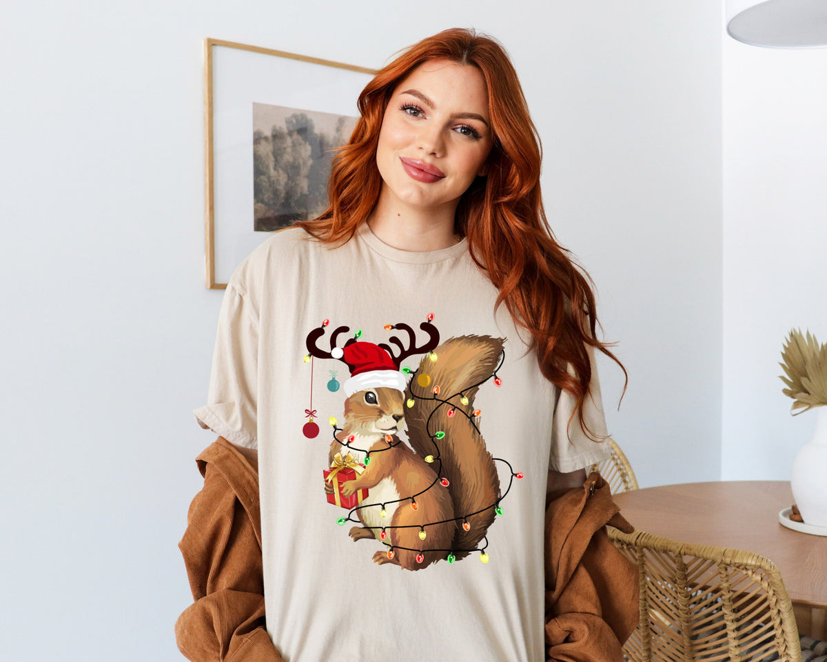 Christmas Squirrel Lights T-Shirt, Cute Squirrel Shirt, Christmas Lights Tee, Christmas Squirrel Gift T-Shirt, Cute Squirrel Christmas Shirt