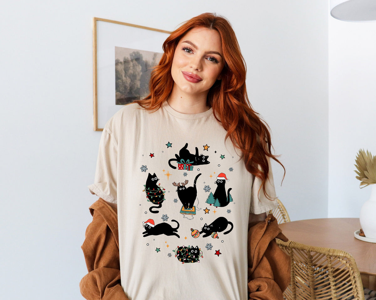 Christmas Black Cat T-Shirt, Kitten Christmas Shirt, Cat Lover Gift Tee, Cat Mom T-Shirt, Xmas Gift, Holiday Tee, Black Cat Christmas Shirt
