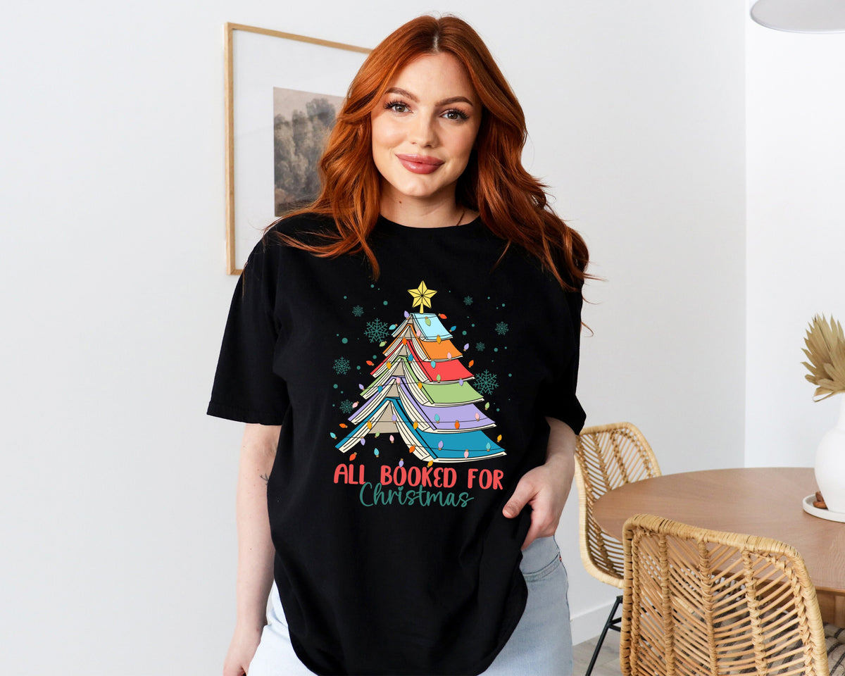 All Booked For Christmas T-Shirt, Christmas Gift For Teacher Tee, Christmas Book Tree Shirt, Gift for Librarian, Bookworm Christmas T-Shirt