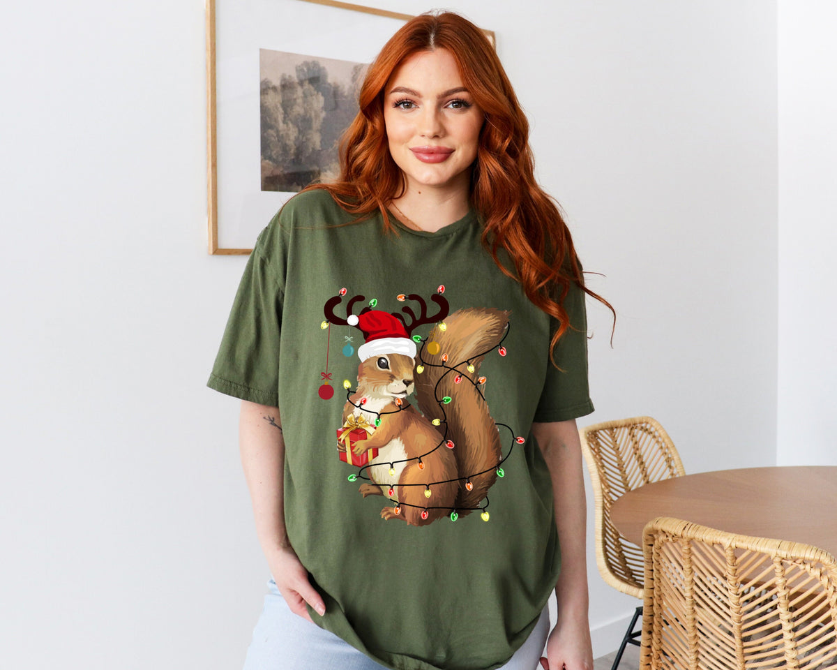 Christmas Squirrel Lights T-Shirt, Cute Squirrel Shirt, Christmas Lights Tee, Christmas Squirrel Gift T-Shirt, Cute Squirrel Christmas Shirt