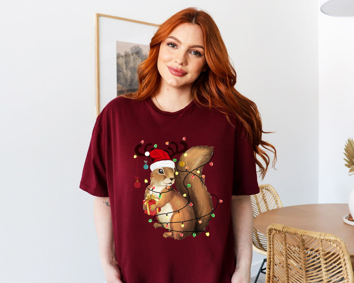 Christmas Squirrel Lights T-Shirt, Cute Squirrel Shirt, Christmas Lights Tee, Christmas Squirrel Gift T-Shirt, Cute Squirrel Christmas Shirt