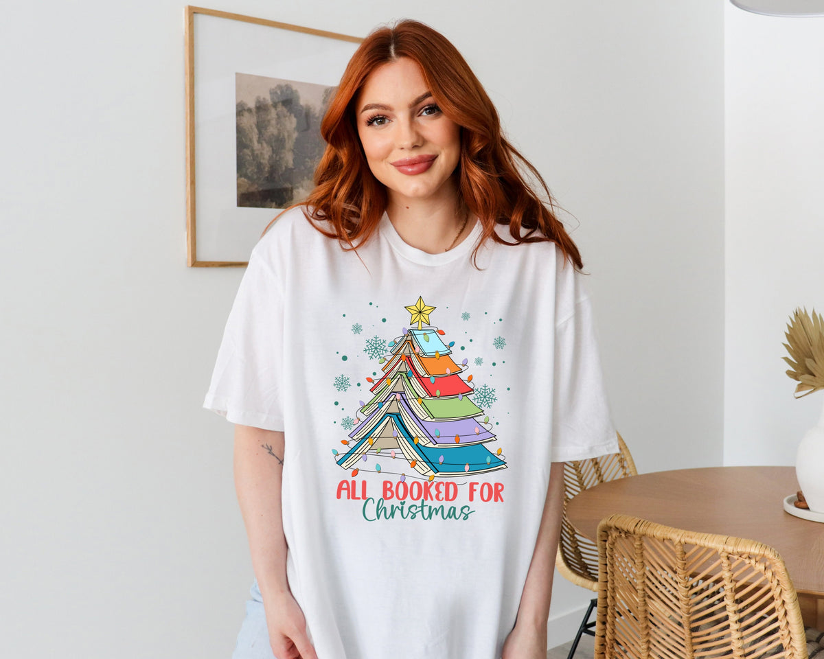 All Booked For Christmas T-Shirt, Christmas Gift For Teacher Tee, Christmas Book Tree Shirt, Gift for Librarian, Bookworm Christmas T-Shirt