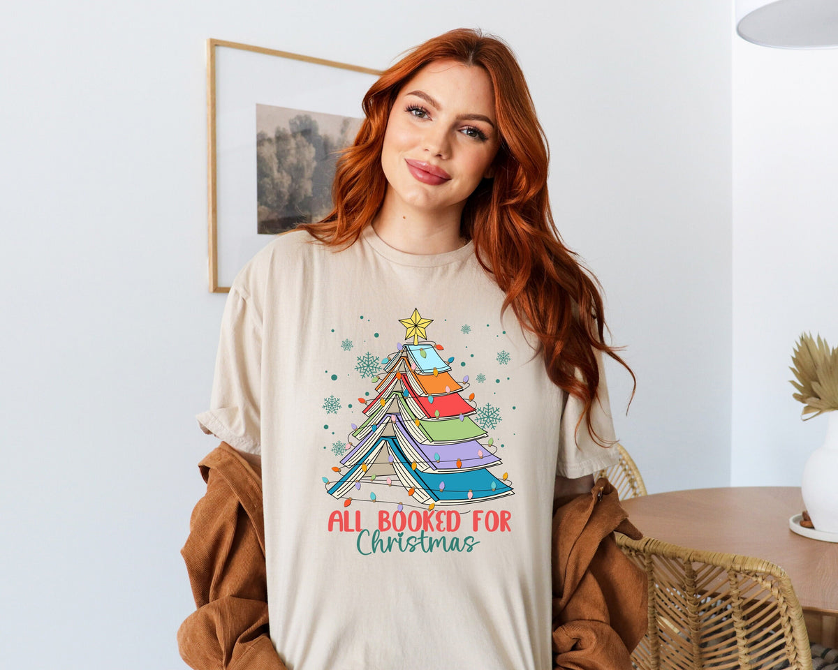All Booked For Christmas T-Shirt, Christmas Gift For Teacher Tee, Christmas Book Tree Shirt, Gift for Librarian, Bookworm Christmas T-Shirt