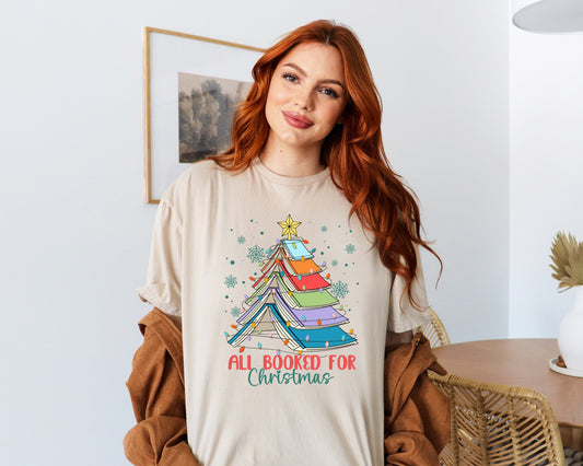 All Booked For Christmas T-Shirt, Christmas Gift For Teacher Tee, Christmas Book Tree Shirt, Gift for Librarian, Bookworm Christmas T-Shirt