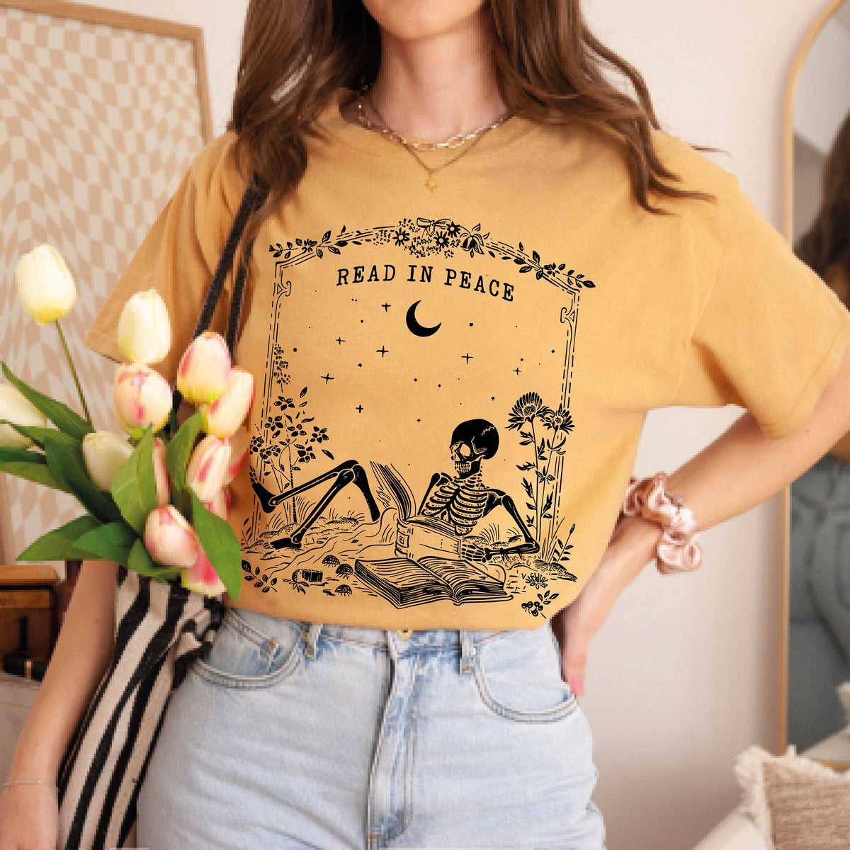 Read in Peace Shirt, Skeleton Halloween T-Shirt, Book Lover Skeleton Tee, Halloween Bookish Gift, Skeleton Reading Shirt, Spooky Season Gift