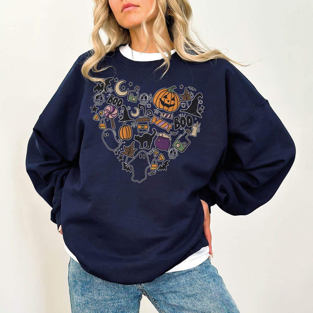 Halloween Doodles Hearth Sweatshirt, Gifts For Halloween Moms, Cute Halloween Hearts Sweatshirt, Halloween Sweatshirt, Halloween Witch Gifts