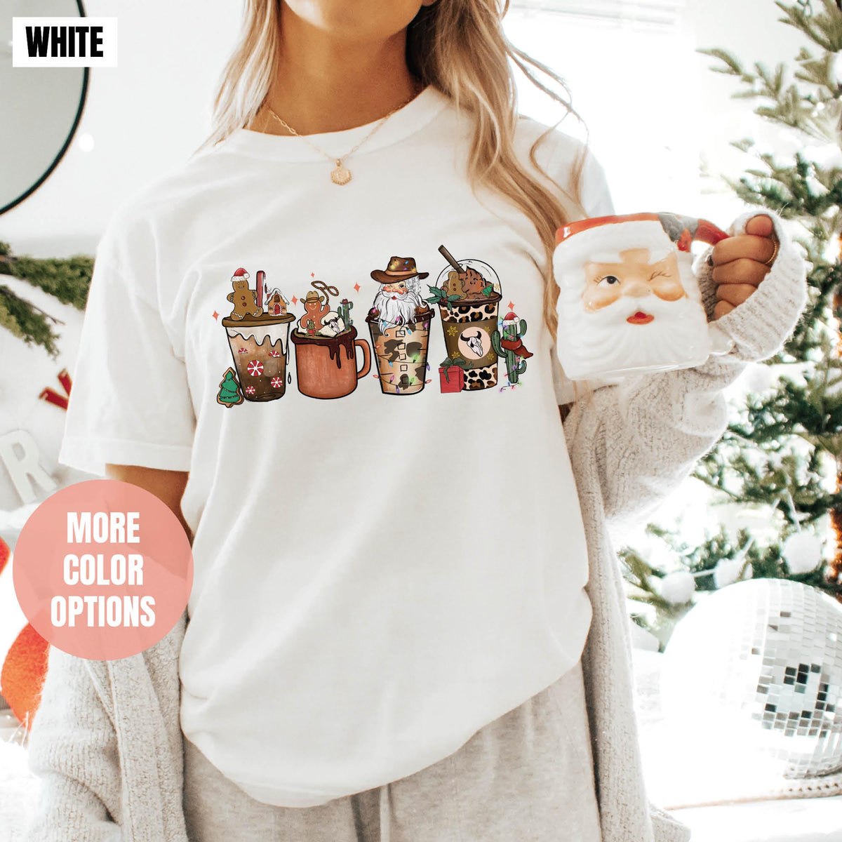 Country Western Cowboy Santa Coffee Latte Shirt, Howdy Rodeo Christmas Coffee Shirt, Comfort Colors®,  Winter Coffee, Women's Christmas Gift