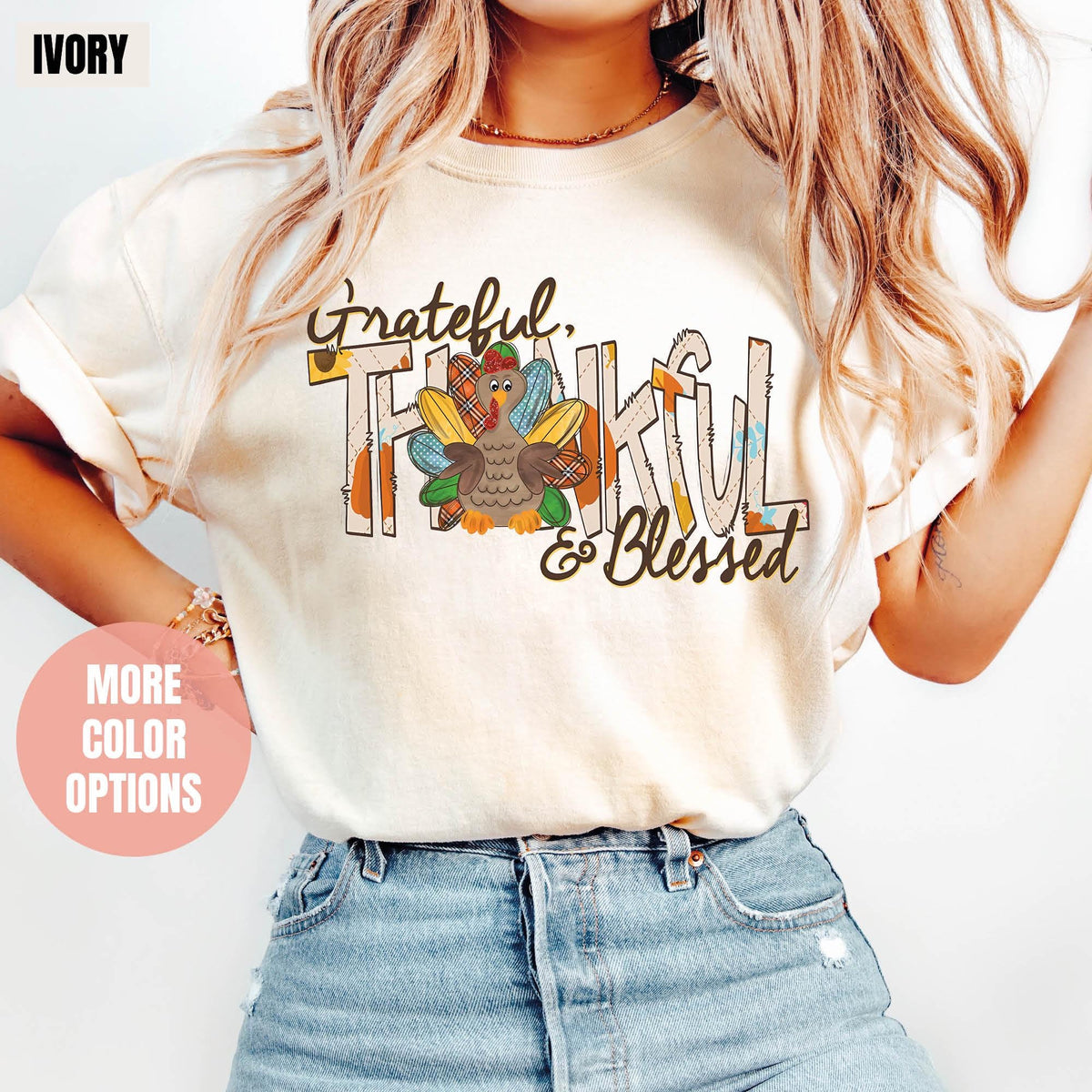 Thankful Grateful Blessed with Turkey Shirt, Thanksgiving Shirt, Comfort Colors®,  Fall Vibes Shirts, Thanksgiving Gifts, Fall Turkey Shirts