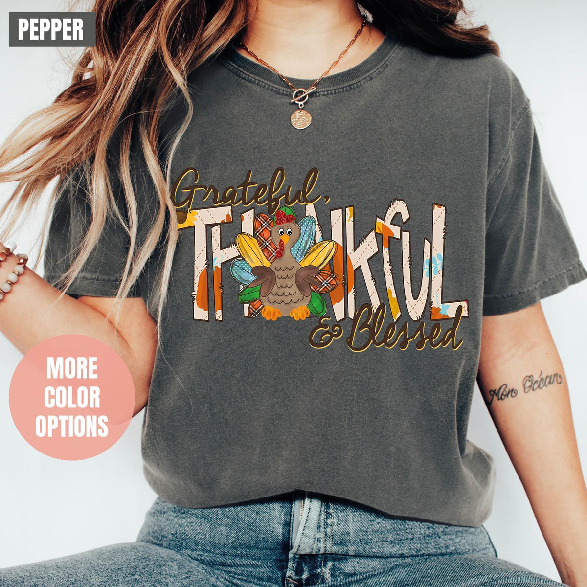 Thankful Grateful Blessed with Turkey Shirt, Thanksgiving Shirt, Comfort Colors®,  Fall Vibes Shirts, Thanksgiving Gifts, Fall Turkey Shirts
