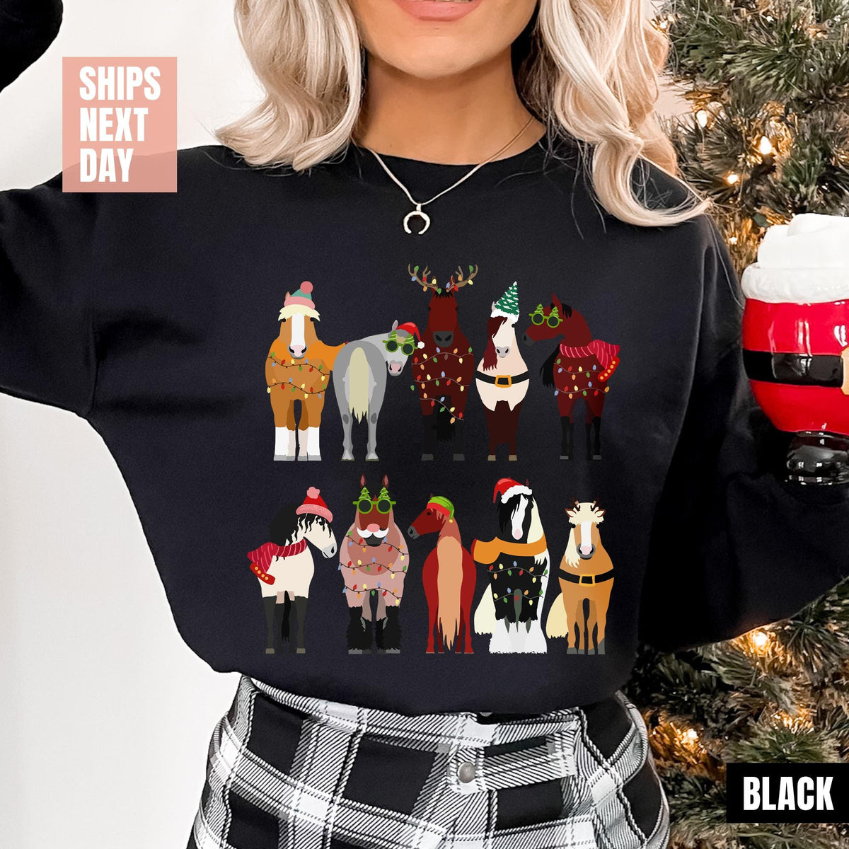 Horse Lover Animal Christmas Shirt, Christmas Farm Animals T-Shirt, Funny Horse Christmas Tee, Horses In A Row Tee, Xmas Gift for Horse Mom