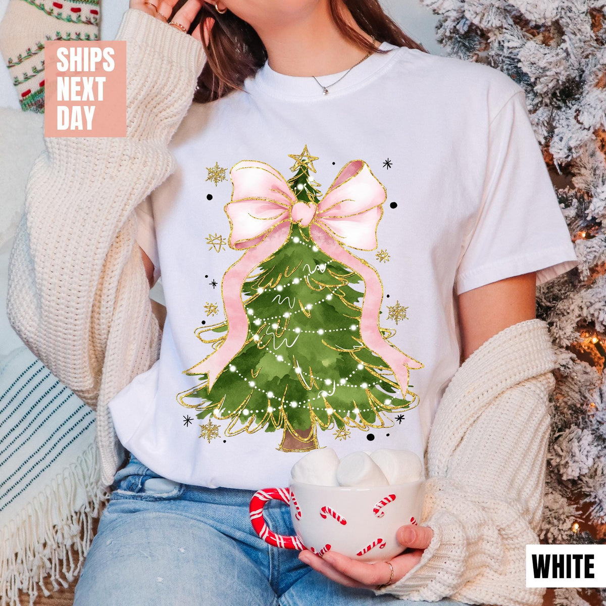 Christmas Tree Bow Shirt, Christmas Sweatshirt for Women, Christmas Tree Tshirt, Christmas Coquette Christmas Shirt, Cute Christmas Tree Tee