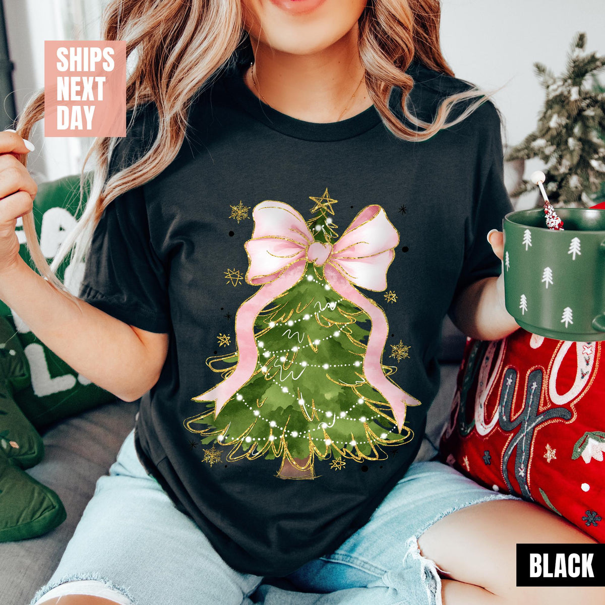 Christmas Tree Bow Shirt, Christmas Sweatshirt for Women, Christmas Tree Tshirt, Christmas Coquette Christmas Shirt, Cute Christmas Tree Tee