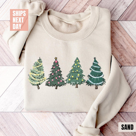 Christmas Sweatshirt, Womens Christmas Sweater, Christmas Crewneck, Pullover Christmas Tree Holiday Sweaters, Winter Matching Youth Sweater