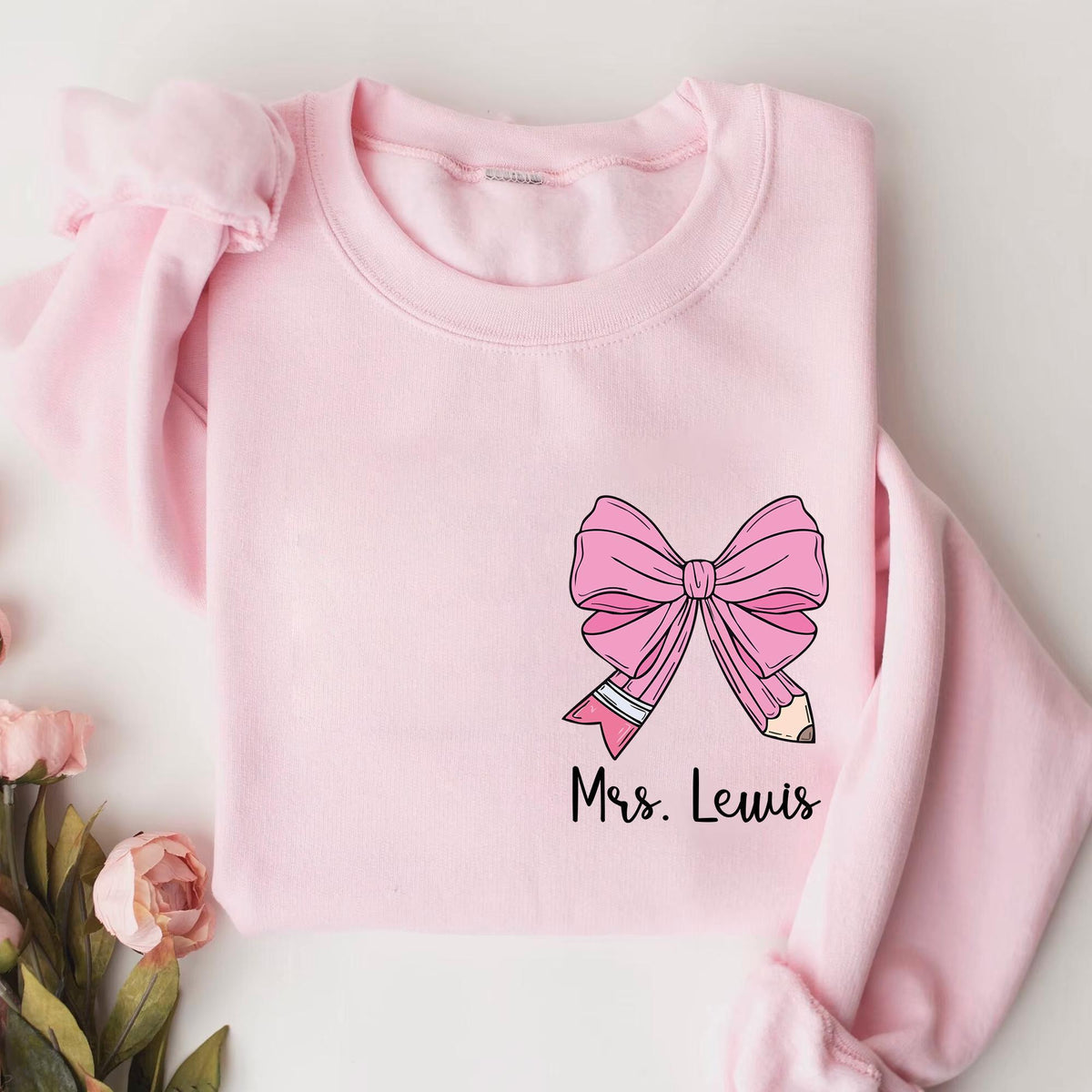 Custom Teacher Coquette Bow Sweatshirt, Custom Teacher Name Shirt, Teacher Appreciation Gift, Back To School, Cute Teacher Christmas T-shirt