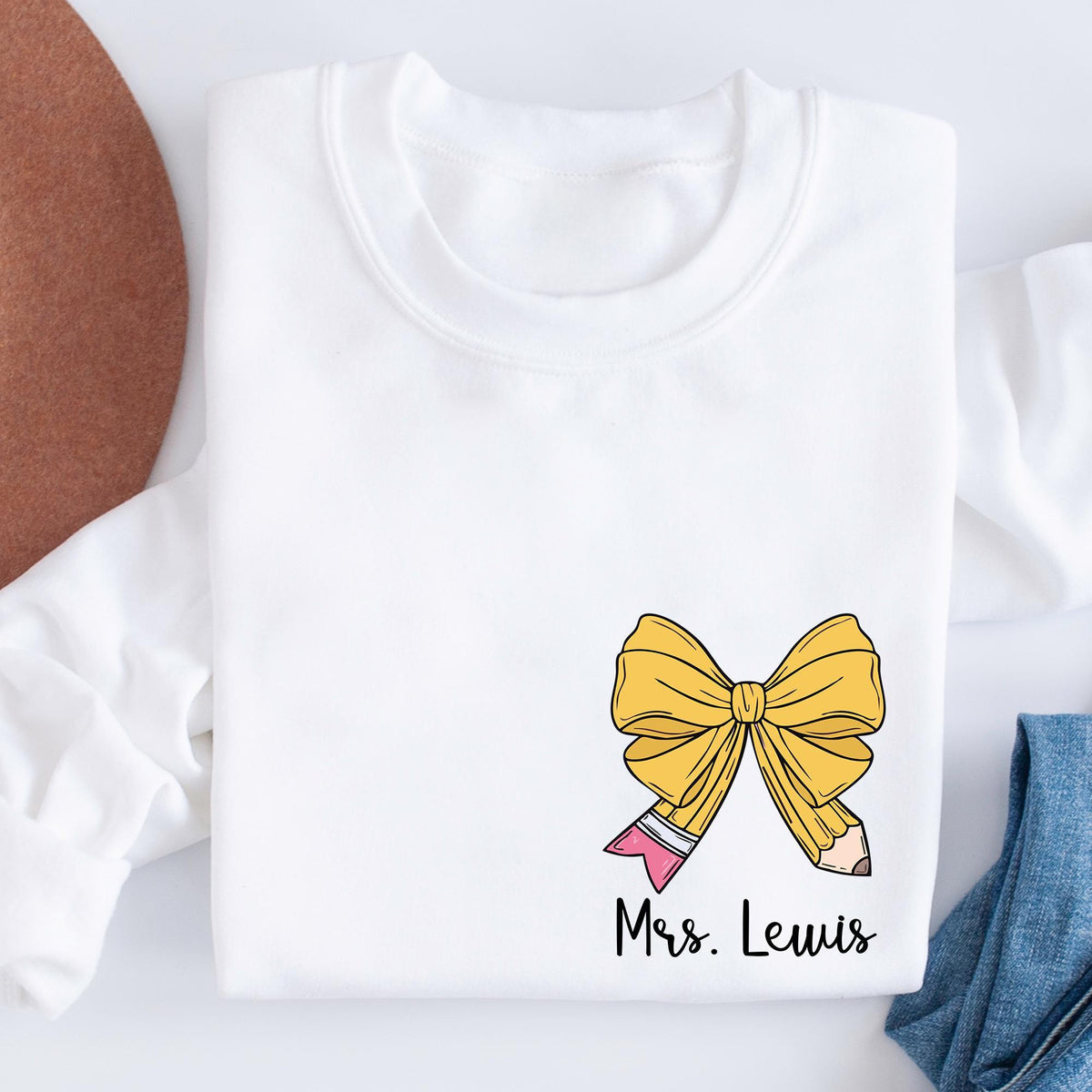 Custom Teacher Coquette Bow Sweatshirt, Custom Teacher Name Shirt, Teacher Appreciation Gift, Back To School, Cute Teacher Christmas T-shirt