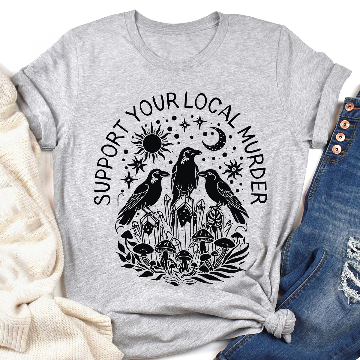 Support Your Local Murder Shirt for Crow Lovers, Nature Lovers, Funny Crow Shirt, Goblincore Shirt, Lunar Phase Shirt, Nature Lovers T-shirt