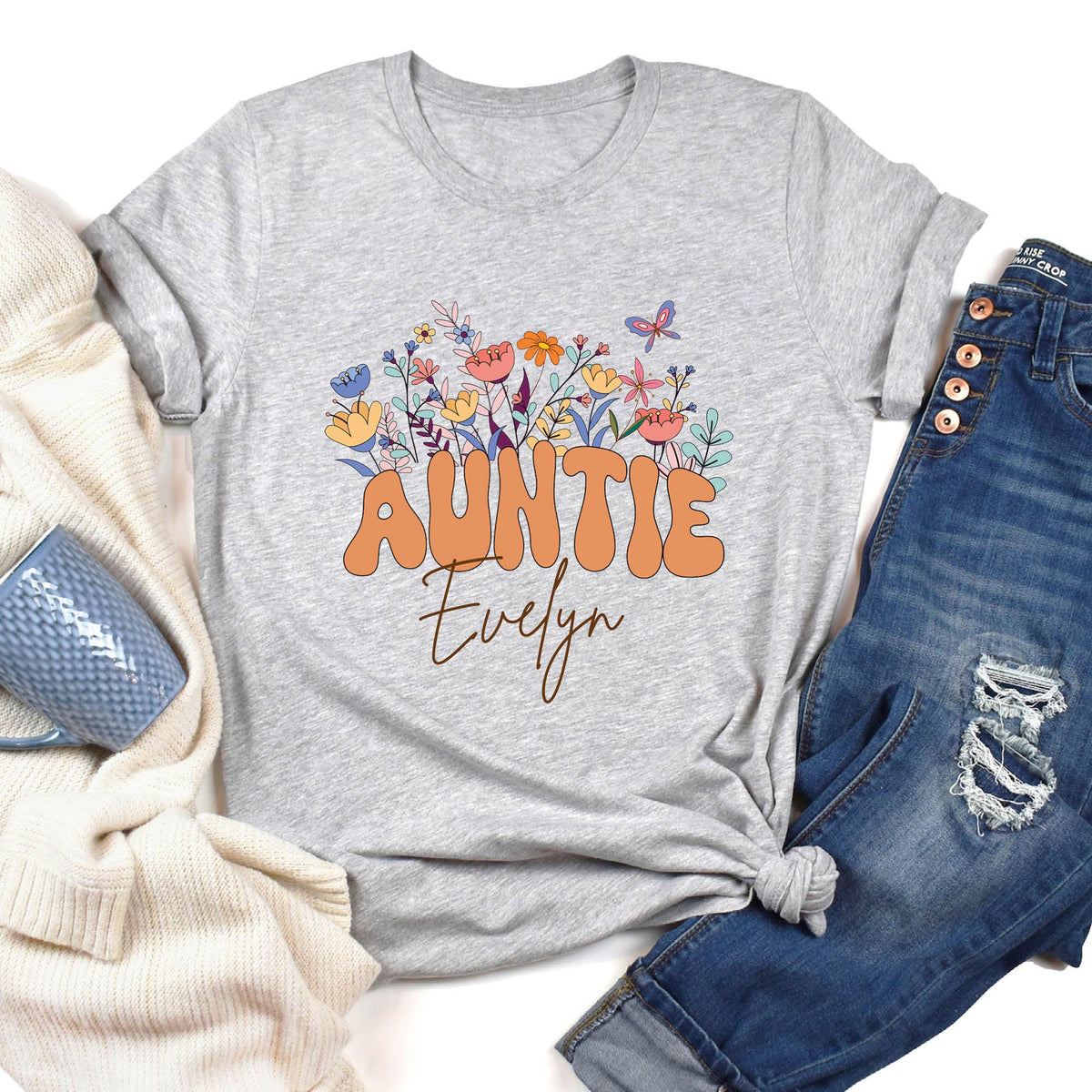 Personalized Wildflowers Auntie Shirt, Custom Flowers Aunt T-Shirt, Custom Aunt Gifts, Pregnancy Announcement T-Shirt, Reveal To Aunt Gifts