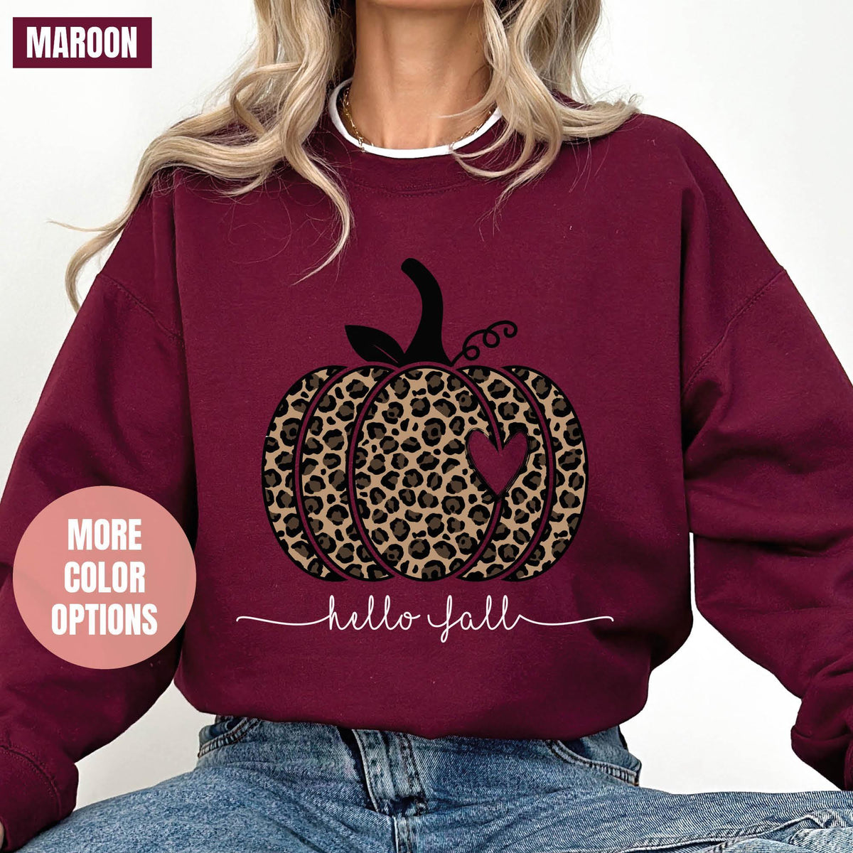 Hello Fall Sweatshirt, Leopard Pumpkin Sweatshirt, Cheetah Pumpkin Sweatshirts, Hello Pumpkin, Thankful Sweater, Fall Gifts, Family Matching