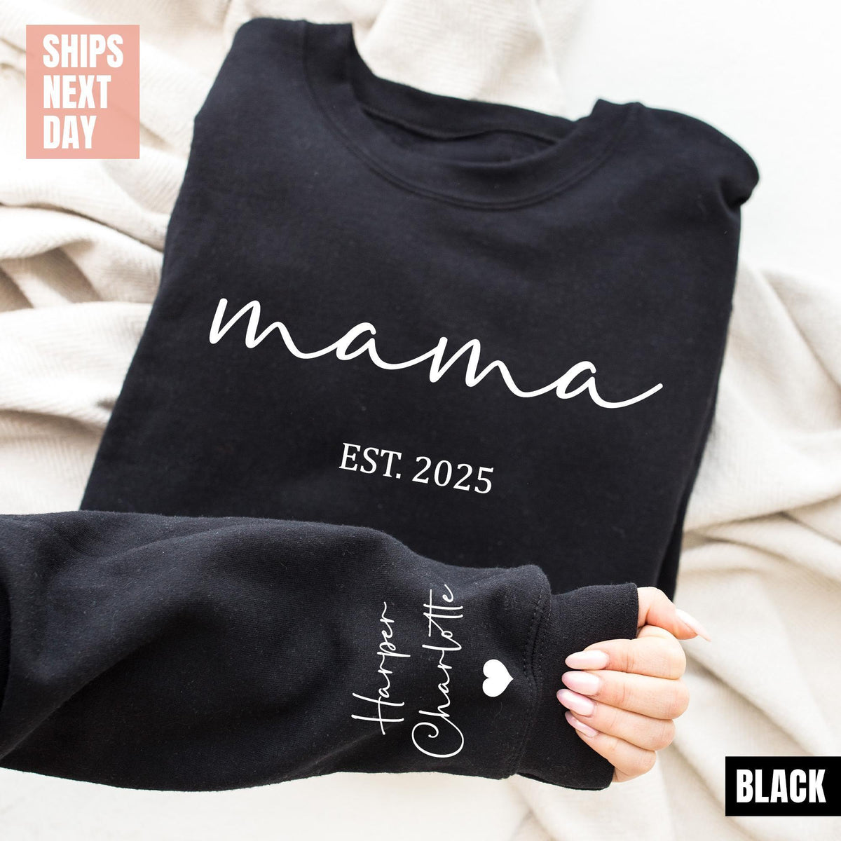 Personalized Mama Sweatshirt With Kids Names Sleeve, Est Date Mom Outfit, Custom Momma Sweaters, Gift For Mother, Names On Sleeve With Heart