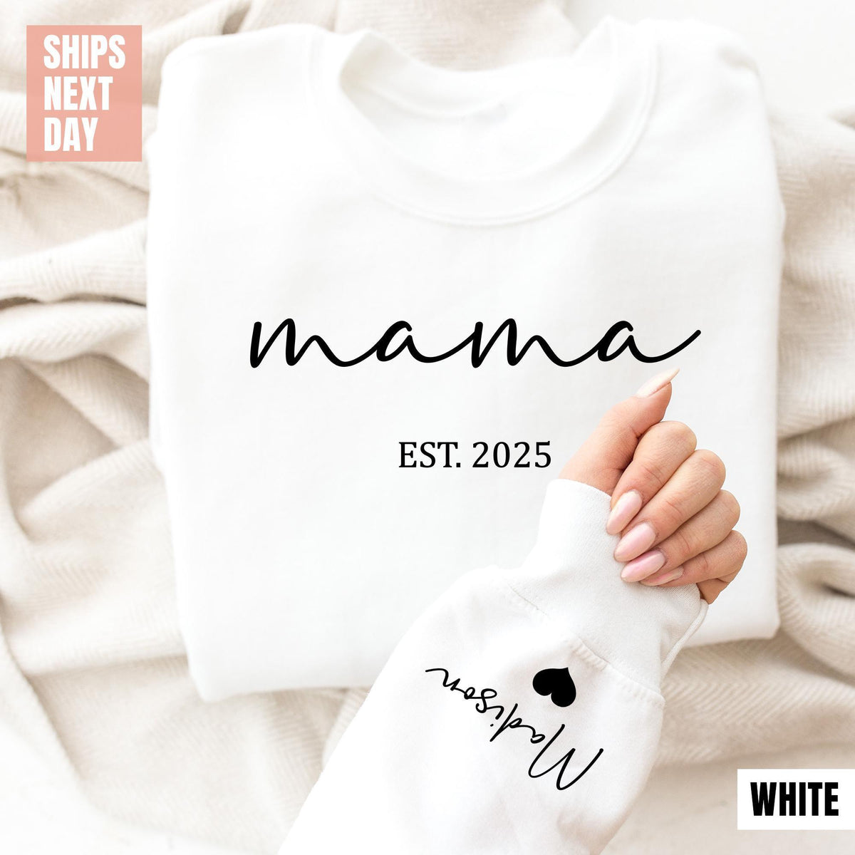 Personalized Mama Sweatshirt With Kids Names Sleeve, Est Date Mom Outfit, Custom Momma Sweaters, Gift For Mother, Names On Sleeve With Heart