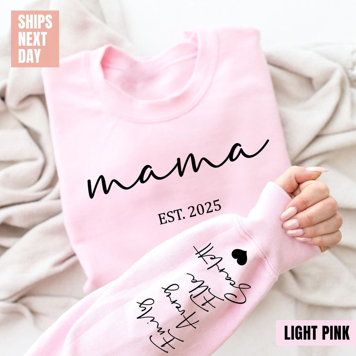 Personalized Mama Sweatshirt With Kids Names Sleeve, Est Date Mom Outfit, Custom Momma Sweaters, Gift For Mother, Names On Sleeve With Heart