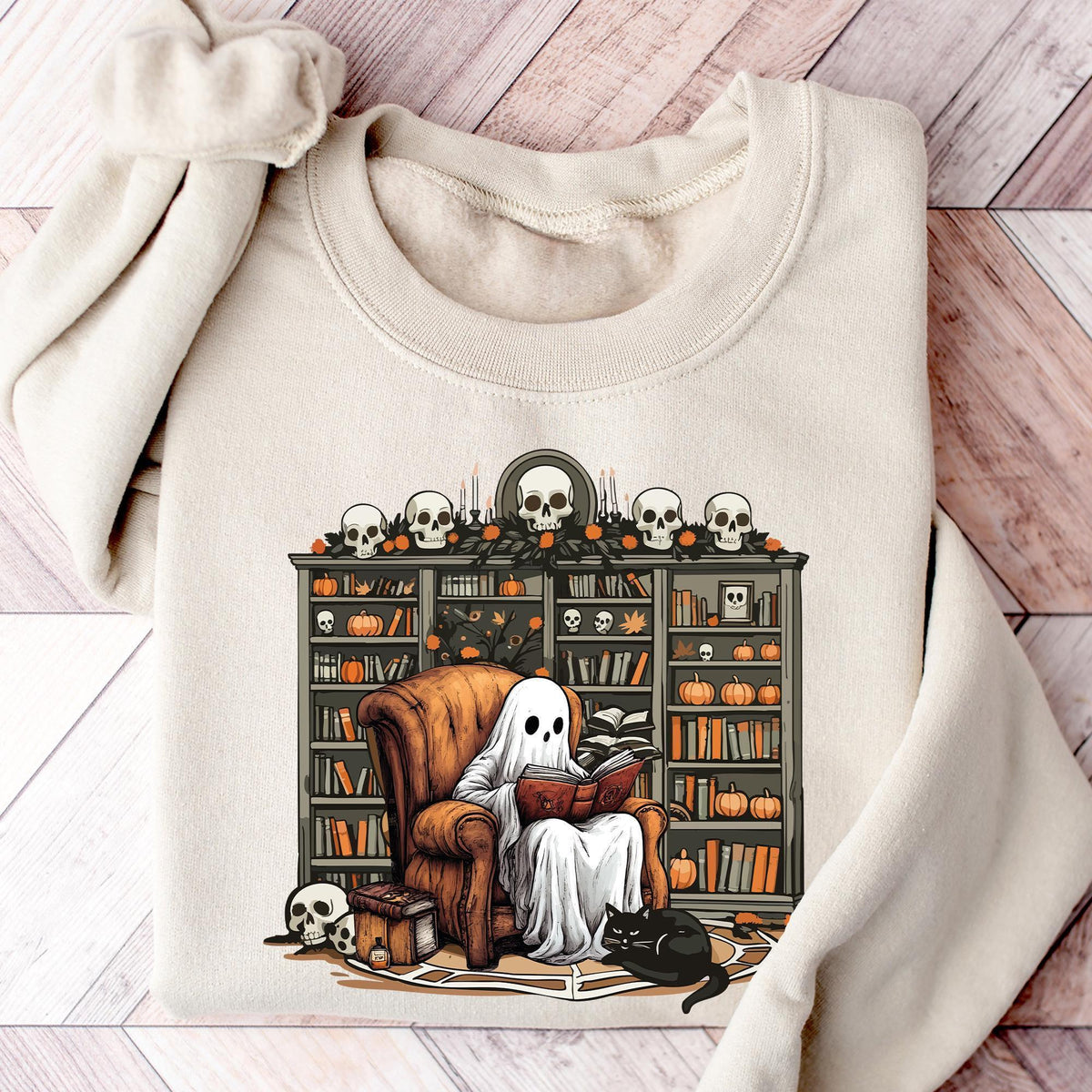 Retro Ghost Reading Books Sweatshirt, Librarian Ghost Halloween, Halloween Teacher Sweatshirts, Halloween T-shirt, Boo School, Teacher Gifts