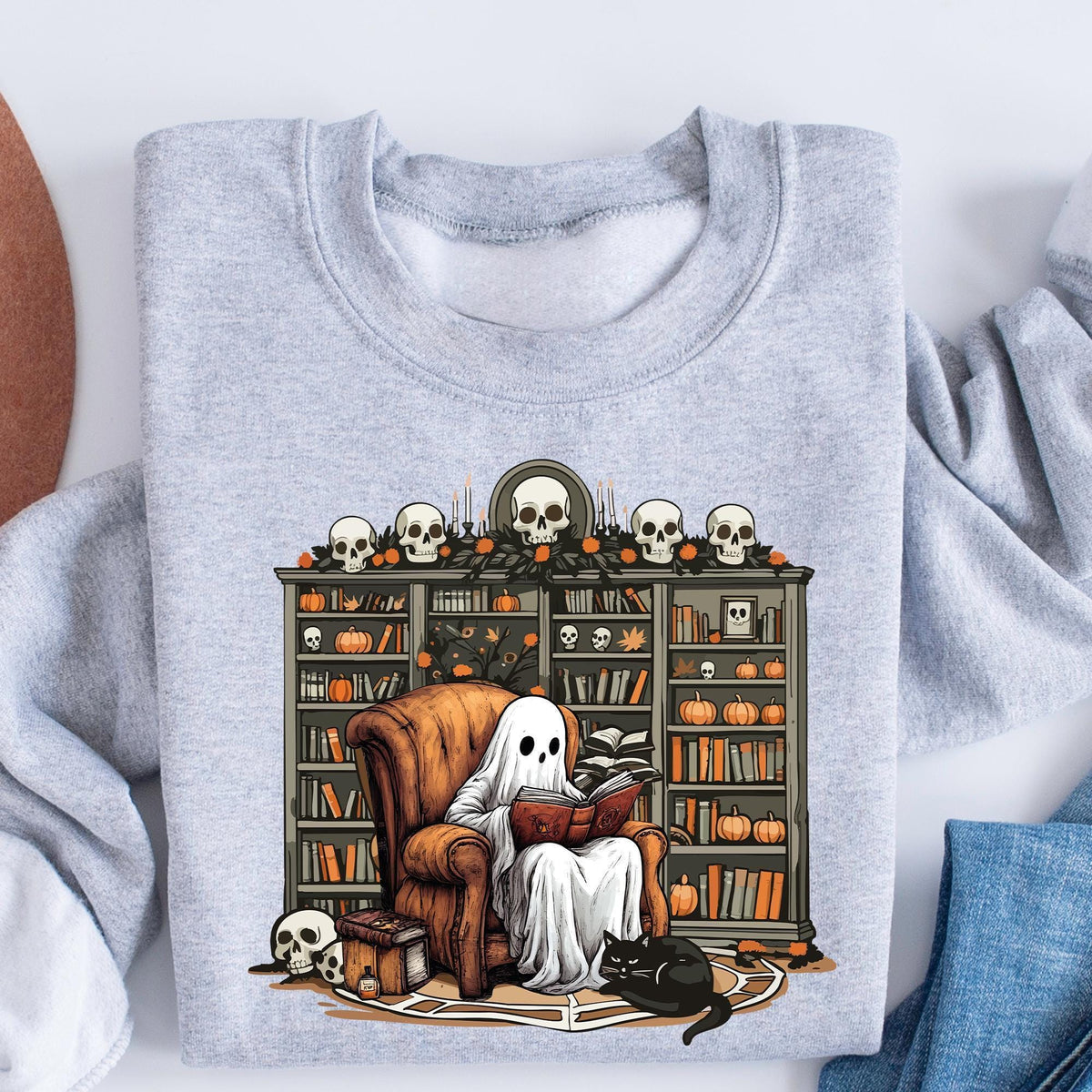 Retro Ghost Reading Books Sweatshirt, Librarian Ghost Halloween, Halloween Teacher Sweatshirts, Halloween T-shirt, Boo School, Teacher Gifts