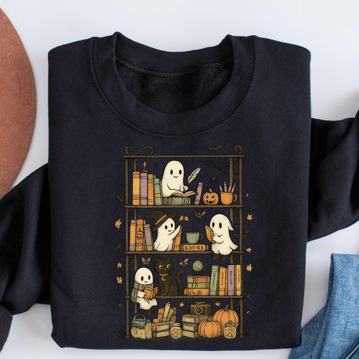 Retro Ghost Reading Books Sweatshirt, Librarian Ghost Halloween, Halloween Teacher Sweatshirts, Halloween T-shirt, Boo School, Teacher Gifts