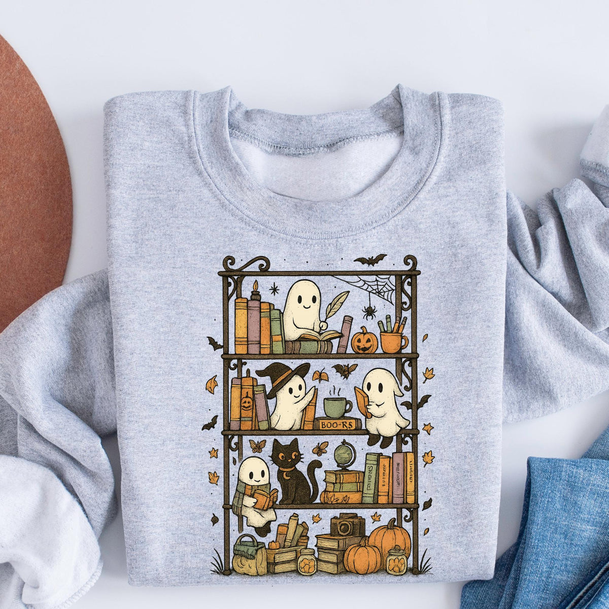 Retro Ghost Reading Books Sweatshirt, Librarian Ghost Halloween, Halloween Teacher Sweatshirts, Halloween T-shirt, Boo School, Teacher Gifts