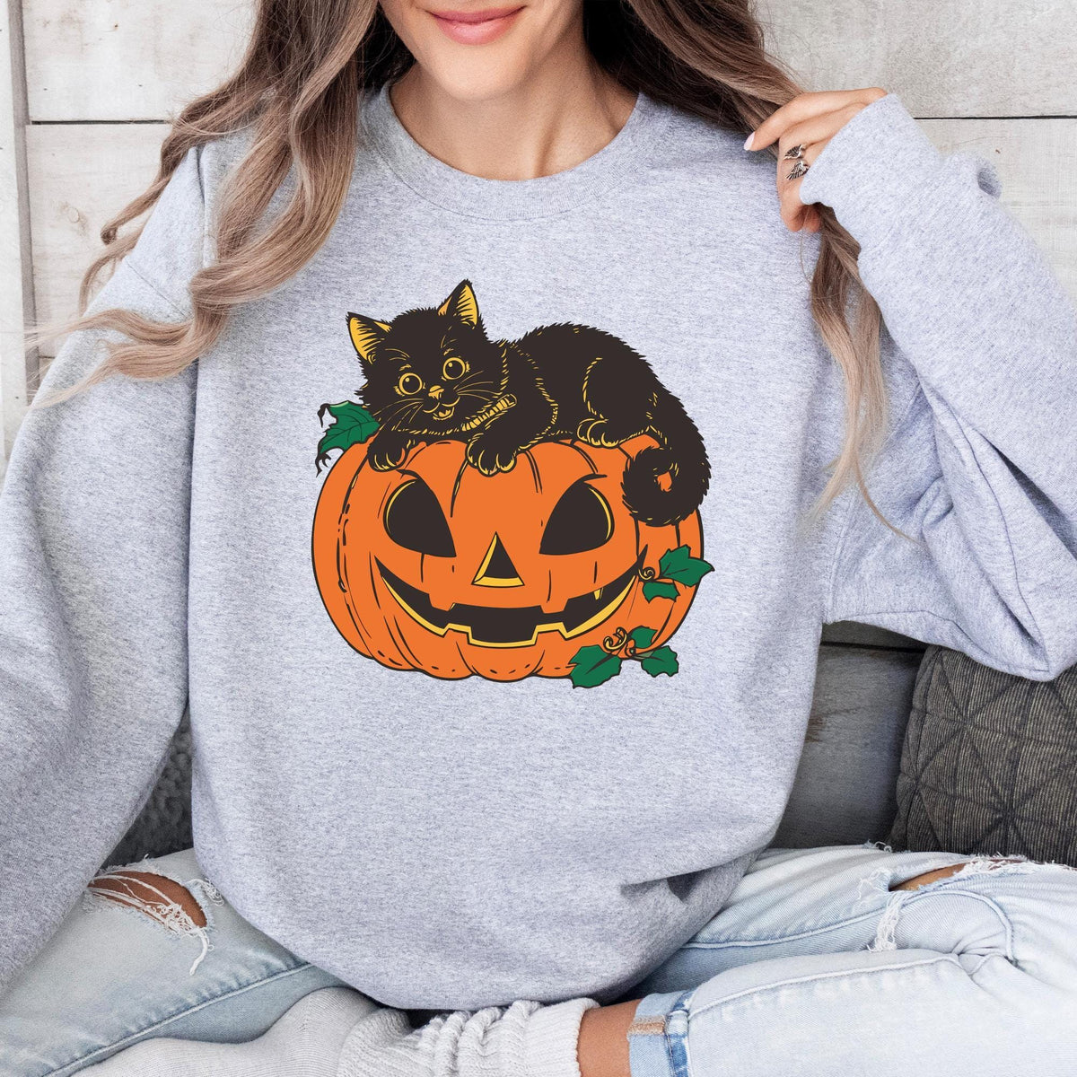 Black Cat Pumpkin Sweatshirt, Halloween Sweatshirt, Black Cat Halloween Sweatshirt, retro Halloween Sweater, Spooky Pumpkin Halloween Shirts