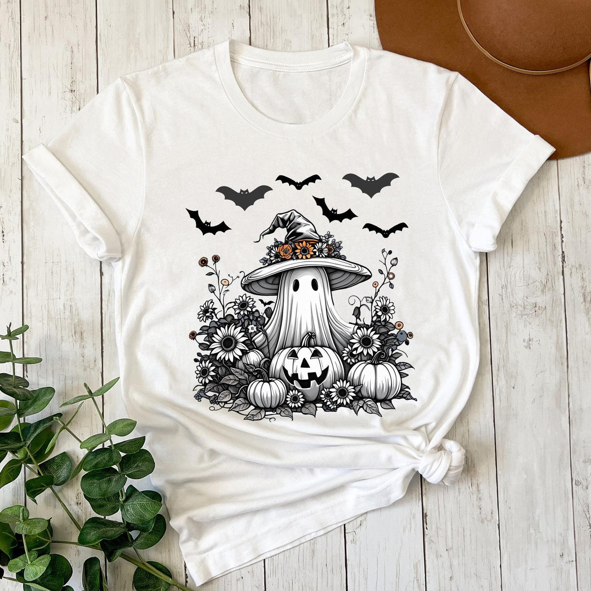 Halloween Shirt, Ghost With Flowers Pumpkin And Bats, Floral Spooky, Halloween Cute Ghost With Pumpkin, Spooky Ghost, Halloween Women's Tees