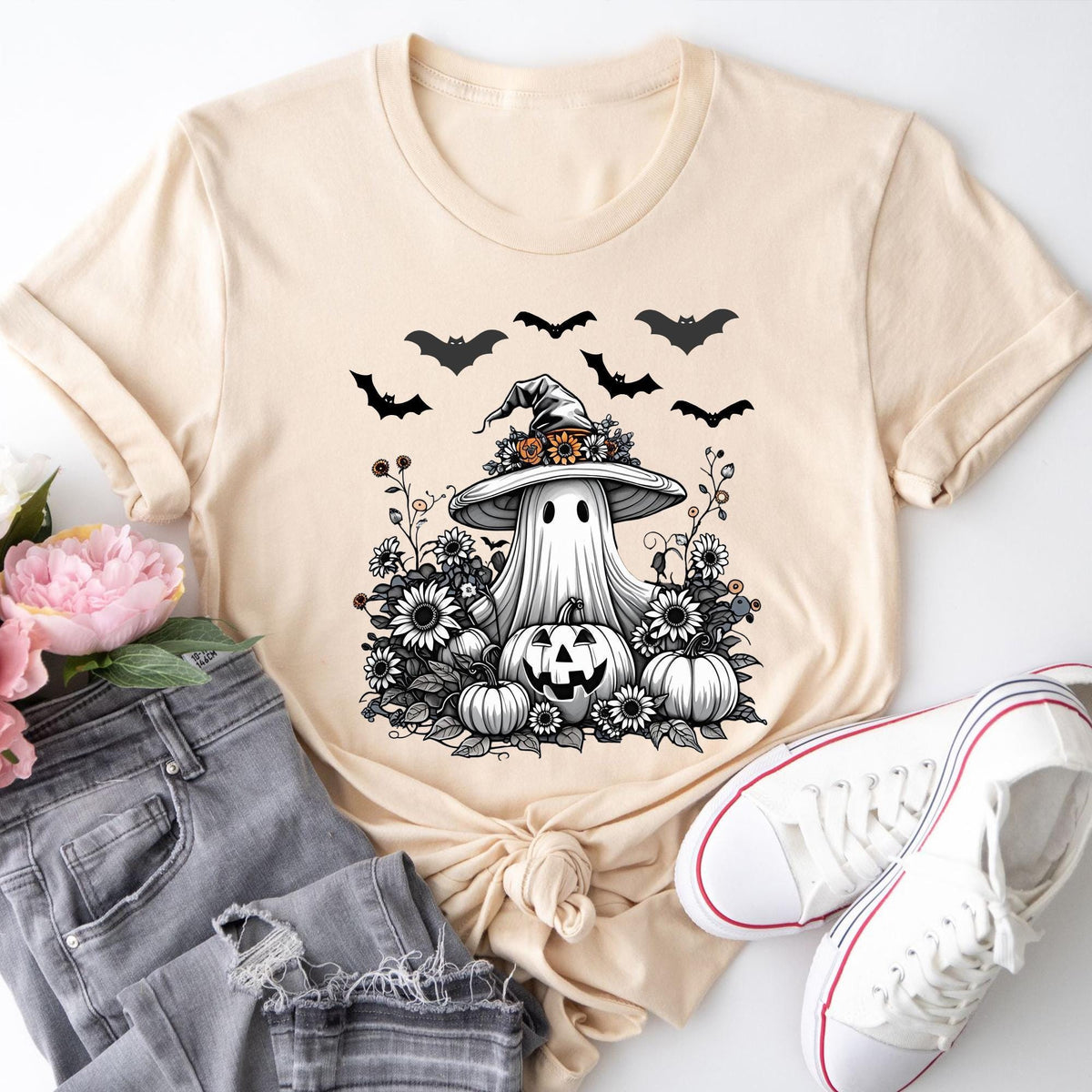 Halloween Shirt, Ghost With Flowers Pumpkin And Bats, Floral Spooky, Halloween Cute Ghost With Pumpkin, Spooky Ghost, Halloween Women's Tees