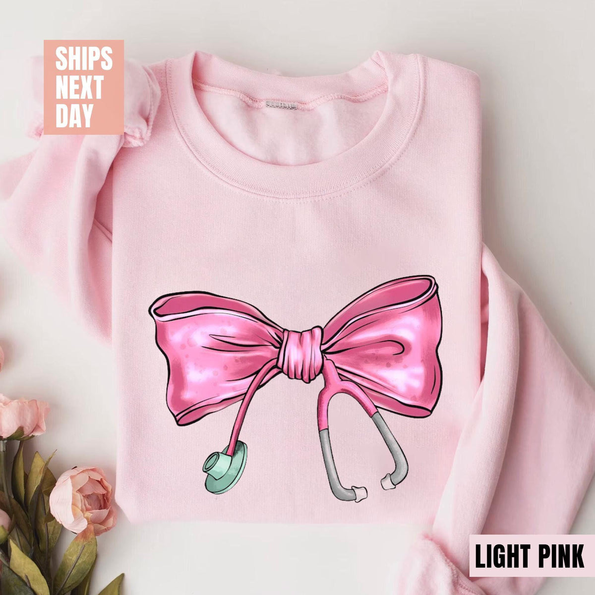 Coquette Nurse Stethoscope Bow Sweatshirt, Gift for Nurse, Bow Oversized Shirt, Nurse Appreciation, Christmas Gift for Nurse, Pink Bow Shirt