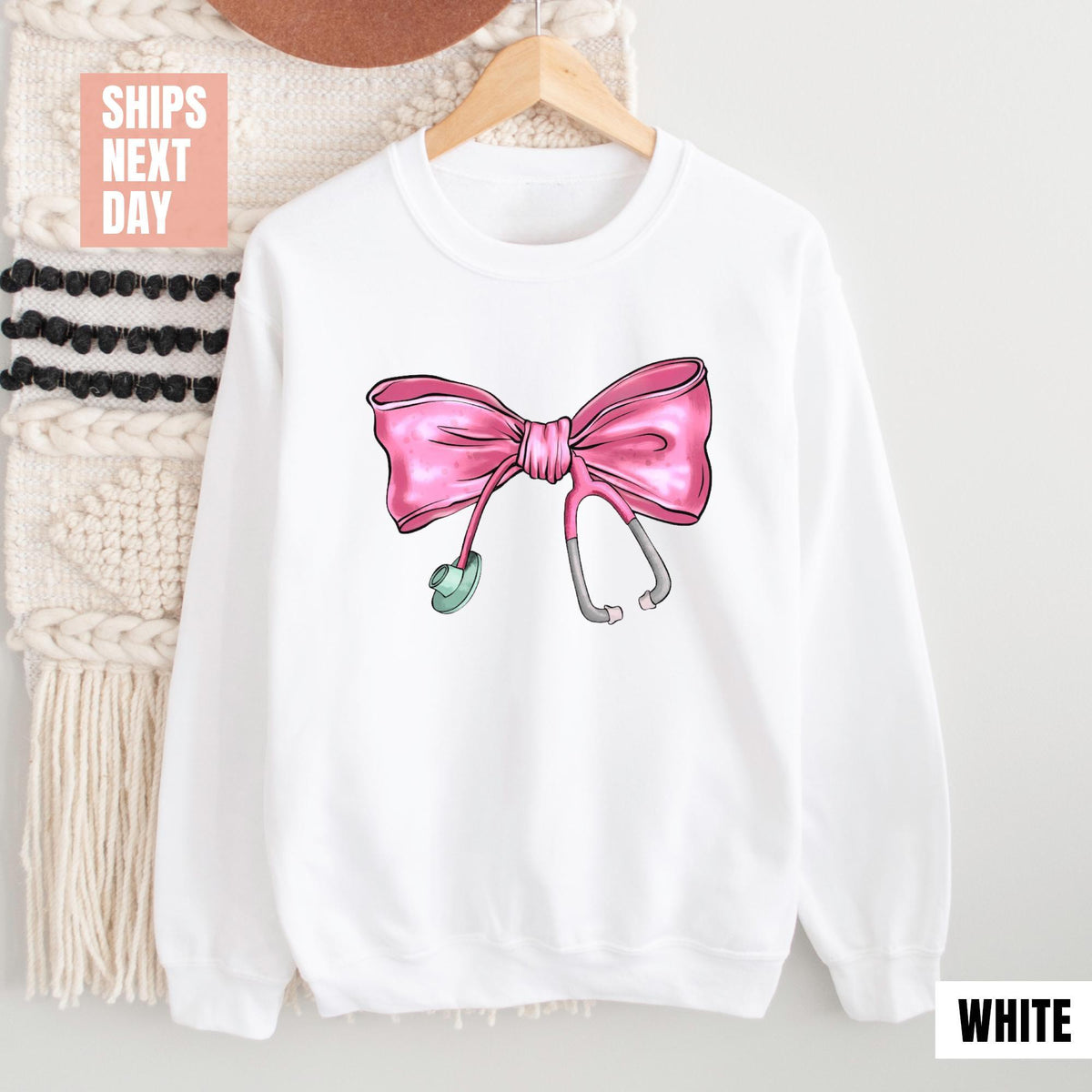 Coquette Nurse Stethoscope Bow Sweatshirt, Gift for Nurse, Bow Oversized Shirt, Nurse Appreciation, Christmas Gift for Nurse, Pink Bow Shirt