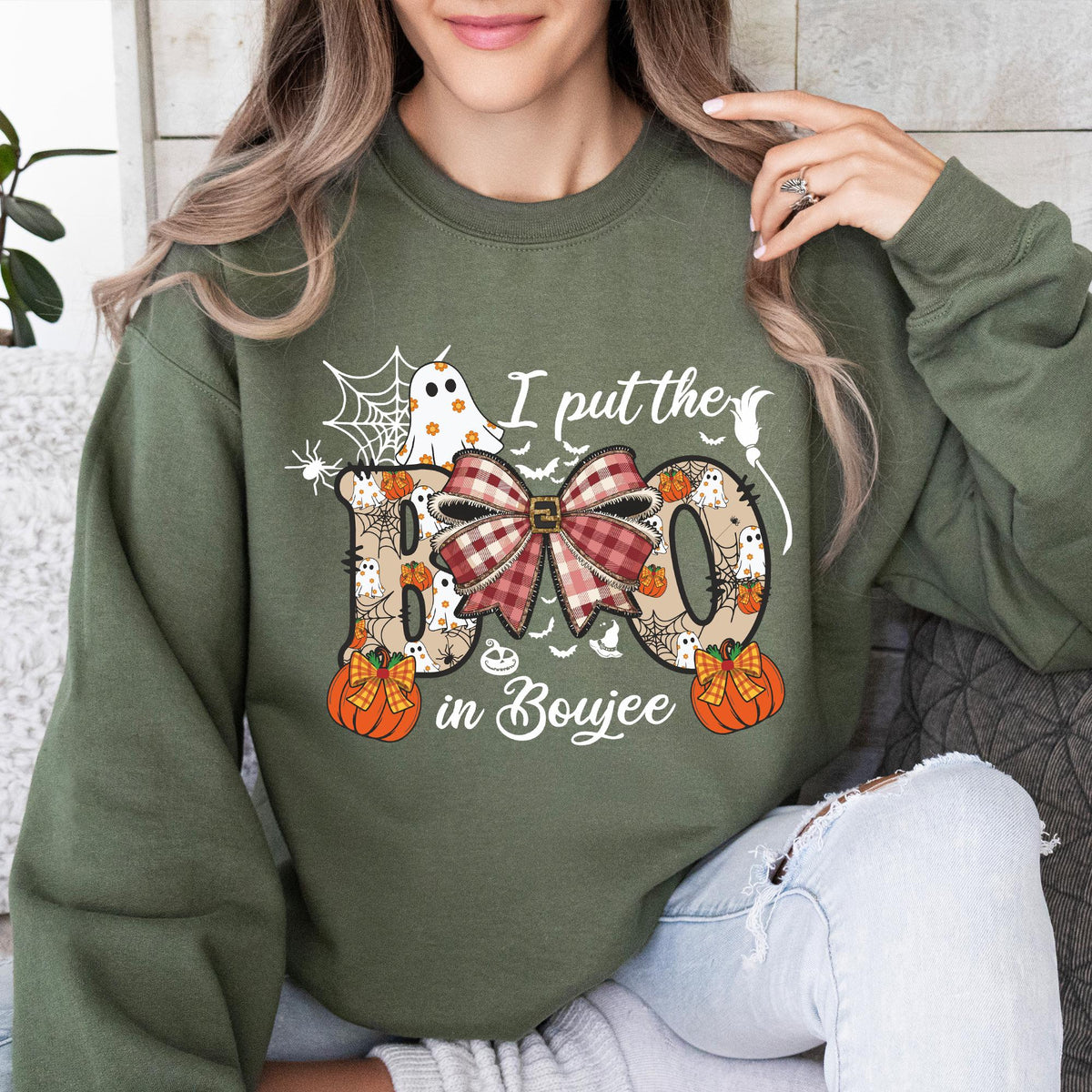I put the Boo in Boujee Sweatshirt, Boo Jee Ghost Sweaters, Gothic Halloween Tee Shirt Women,  Pumpkin Plaid Bow T-shirts, Spooky Vibes Tees