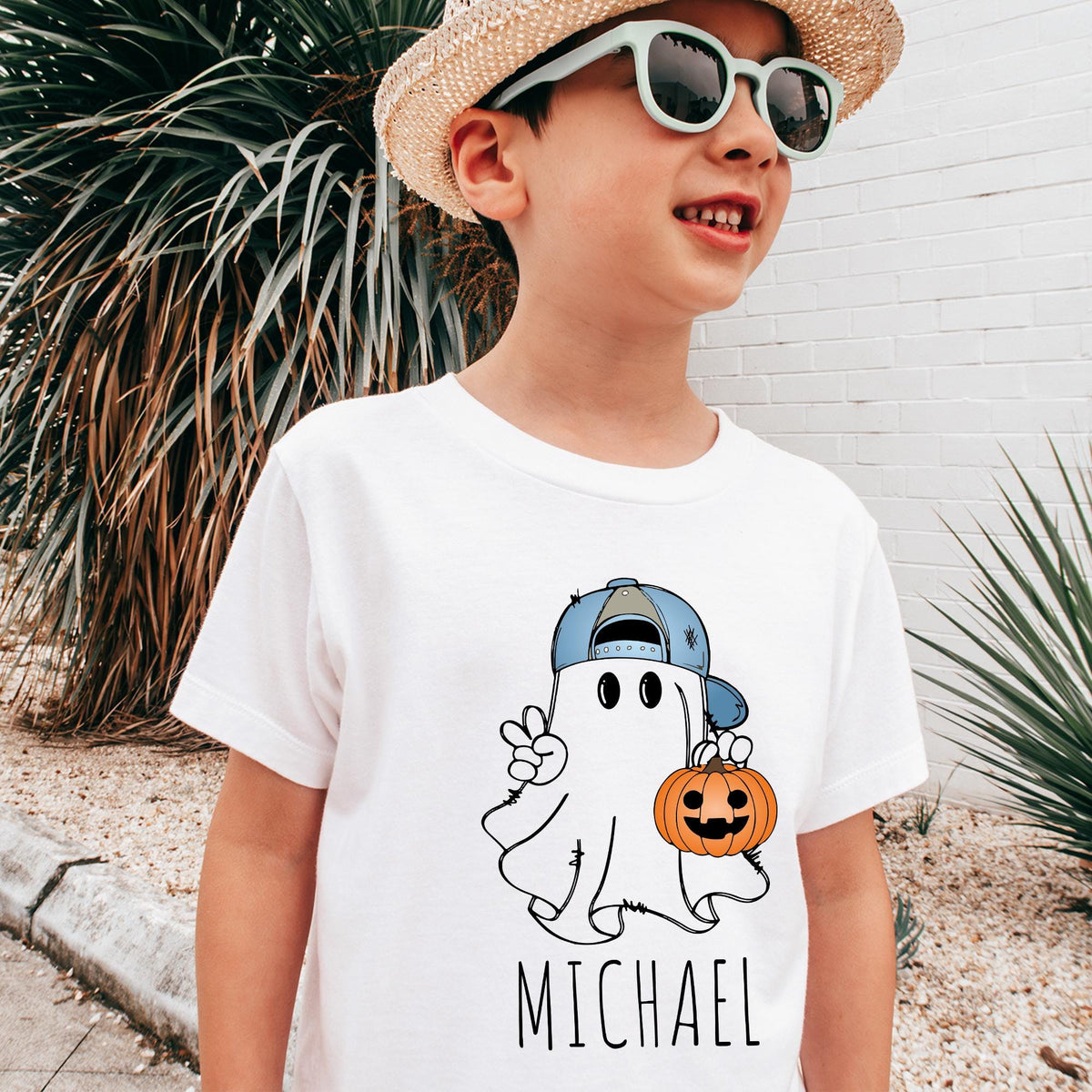 Personalized Boys Halloween Shirt, Boys Ghost Name Toddler Shirt, Trendy Ghost Name Shirt, Custom Name Retro Halloween Natural Boys T-shirts