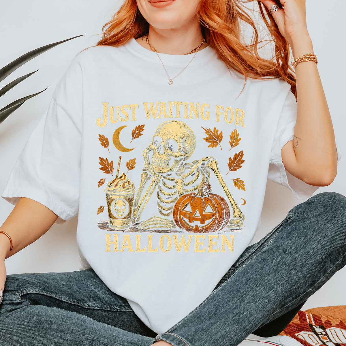 Comfort Colors® Just Waiting for Halloween Shirt, Funny Skeleton Pumpkin Shirt, Retro Halloween T-Shirt for Her, Spooky Fall Graphic T-shirt