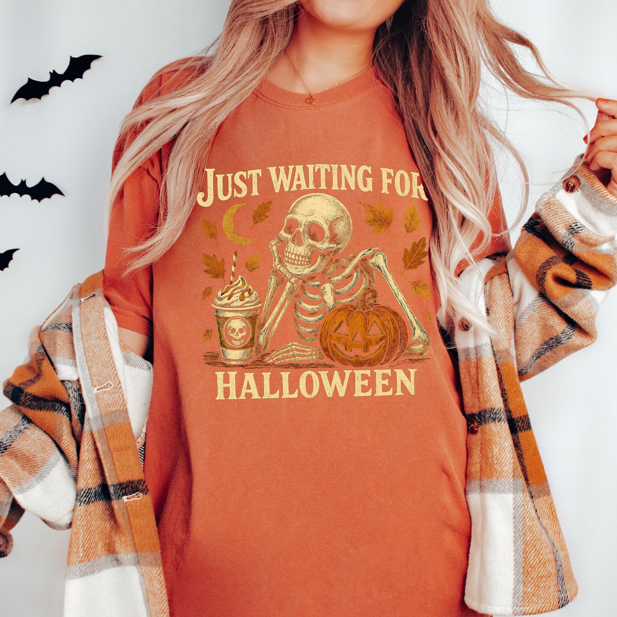 Comfort Colors® Just Waiting for Halloween Shirt, Funny Skeleton Pumpkin Shirt, Retro Halloween T-Shirt for Her, Spooky Fall Graphic T-shirt