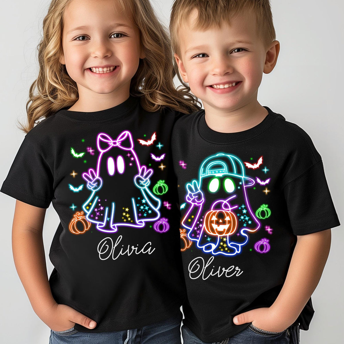 Custom Kids Halloween Neon Shirt, Cute Ghost T-Shirt, Neon Halloween Ghost Shirt, Girls Halloween Tee, Boys Halloween Tee, Halloween Toddler