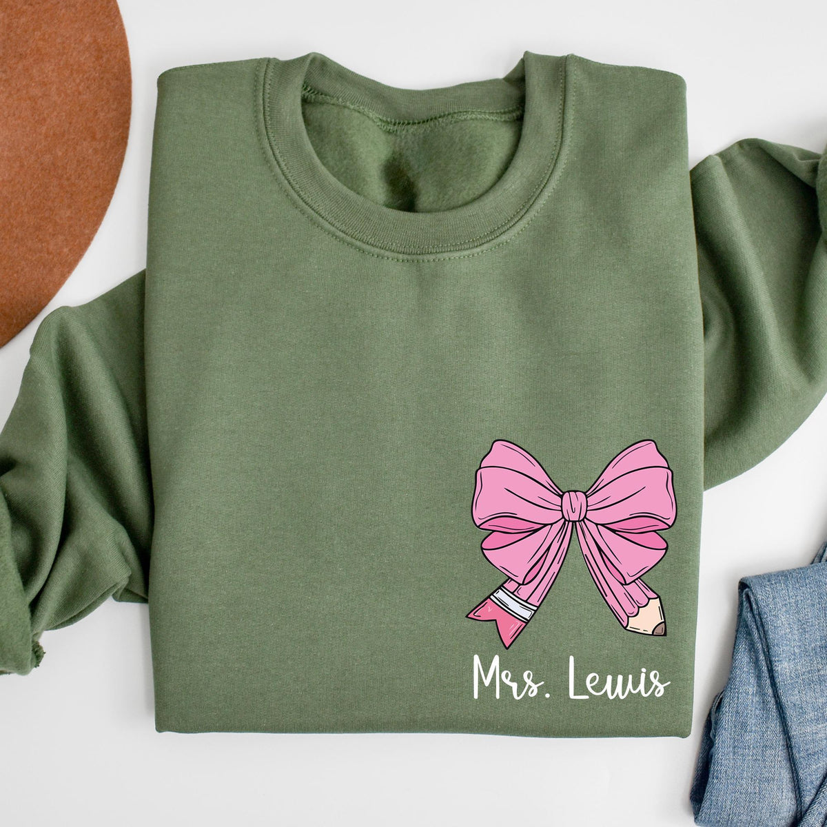 Custom Teacher Coquette Bow Sweatshirt, Custom Teacher Name Shirt, Teacher Appreciation Gift, Back To School, Cute Teacher Christmas T-shirt