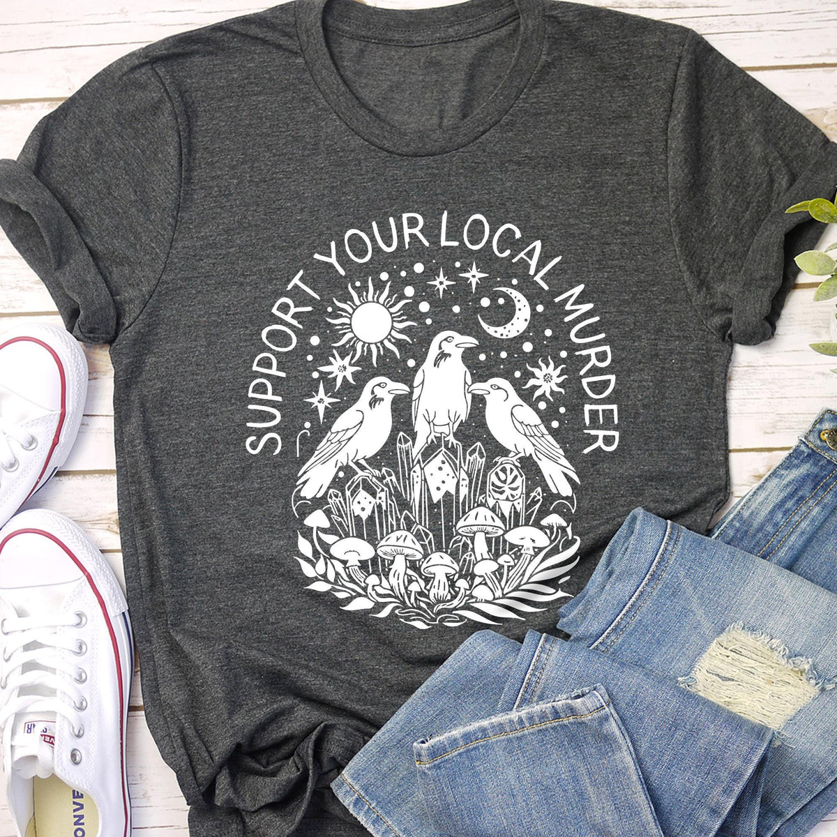Support Your Local Murder Shirt for Crow Lovers, Nature Lovers, Funny Crow Shirt, Goblincore Shirt, Lunar Phase Shirt, Nature Lovers T-shirt