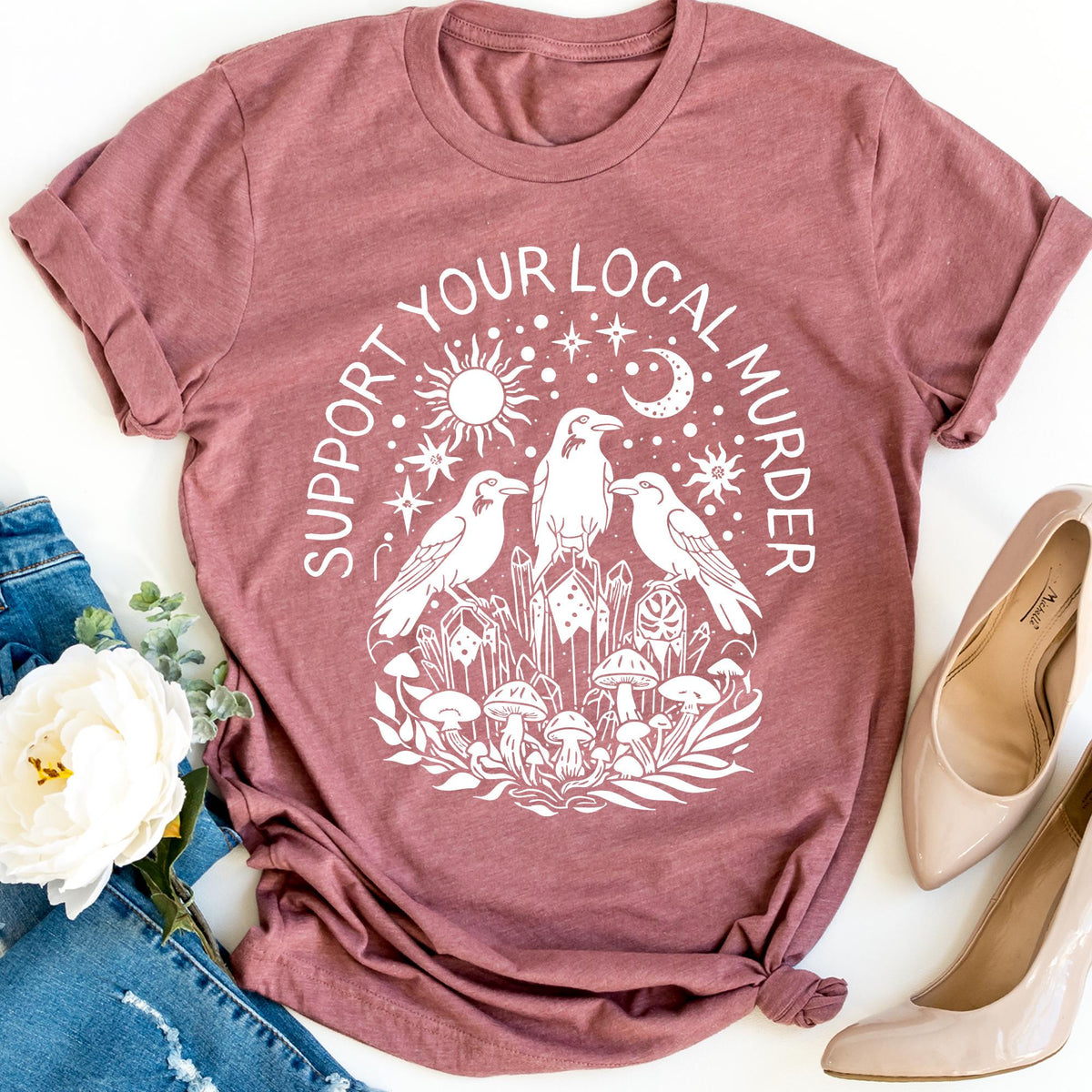 Support Your Local Murder Shirt for Crow Lovers, Nature Lovers, Funny Crow Shirt, Goblincore Shirt, Lunar Phase Shirt, Nature Lovers T-shirt