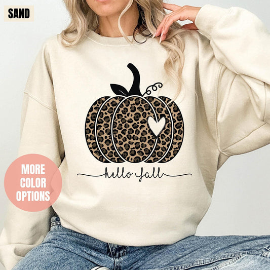 Hello Fall Sweatshirt, Leopard Pumpkin Sweatshirt, Cheetah Pumpkin Sweatshirts, Hello Pumpkin, Thankful Sweater, Fall Gifts, Family Matching