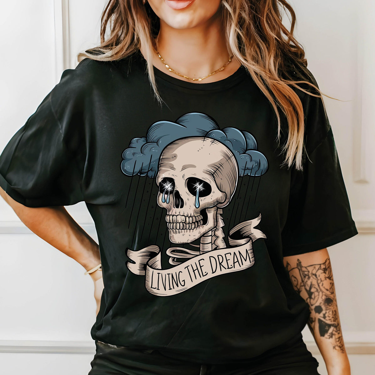 Living The Dream Skull Shirt, Skeleton Graphic Tee, Retro Grunge Garment Dyed Shirt, Boho Hippie Aesthetic Shirt, Skull Shirt, Dream T-Shirt